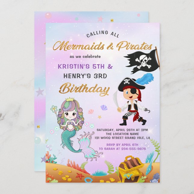 Beautiful Mermaid & Pirate Under The Sea Birthday Invitation (Front/Back)