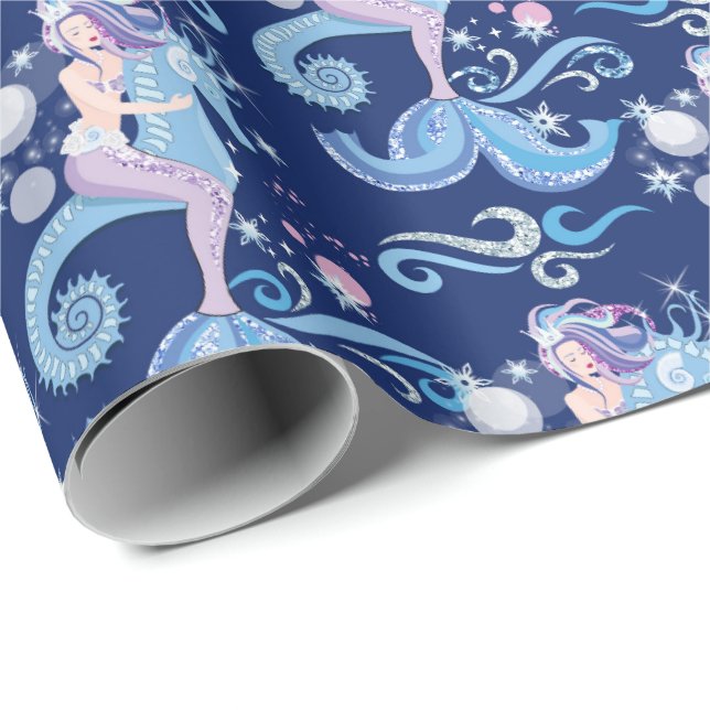 Beautiful mermaid riding a seahorse underwater wrapping paper (Roll Corner)