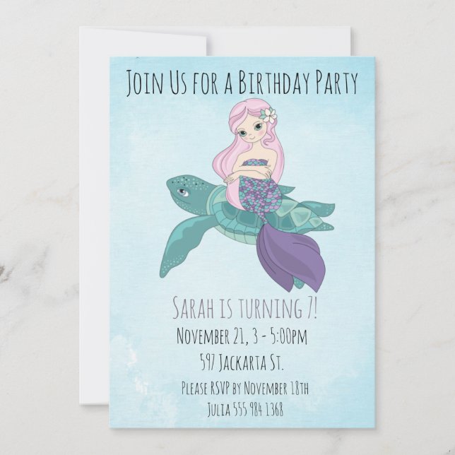 Beautiful Mermaid Sitting on a Sea Turtle Invitation (Front)