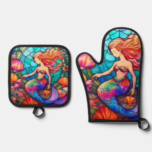 Beautiful mermaid stained glass art puzzle oven mitt & pot holder set