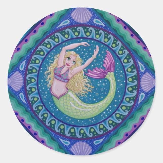 Beautiful mermaid swimming in the sea. classic round sticker (Front)