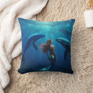 Beautiful Mermaid Swimming With Humpback Whales, Cushion