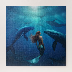 Beautiful Mermaid Swimming With Humpback Whales, Jigsaw Puzzle