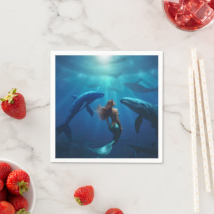 Beautiful Mermaid Swimming With Humpback Whales, Napkin