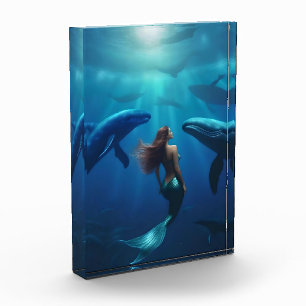 Beautiful Mermaid Swimming With Humpback Whales, Photo Block