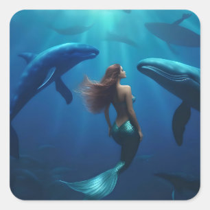 Beautiful Mermaid Swimming With Humpback Whales, Square Sticker