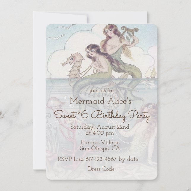 Beautiful Mermaid Vintage Sweet 16 Birthday Invite (Front)