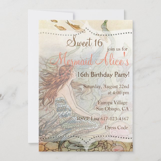 Beautiful Mermaid Vintage Sweet 16 Birthday Invite (Front)