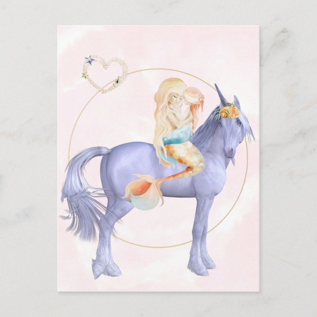 Beautiful Mermaid with Baby Child Unicorn Postcard (Front)