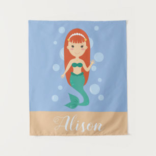 Beautiful mermaid with red hair swimming in ocean tapestry