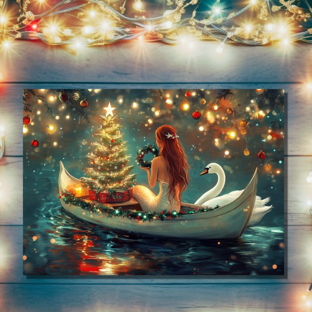 Beautiful Mermaid with Swan Christmas Holiday Card (Front - Beautiful Mermaid with Swan Christmas Holiday Card)