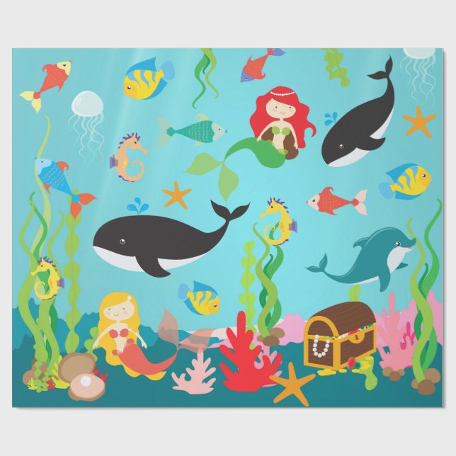Beautiful Mermaids & Sea Life (Med./Lg. Image) Wrapping Paper (Flat)