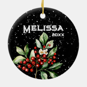 BEAUTIFUL MERRY CHRISTMAS, HOLLY SPRIG, STOCKING, CERAMIC TREE DECORATION