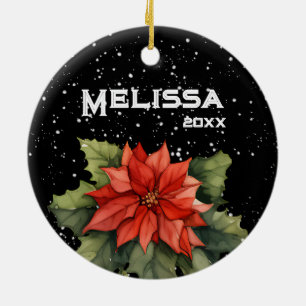 BEAUTIFUL MERRY CHRISTMAS, POINSETTIA, CANDY CANE CERAMIC TREE DECORATION