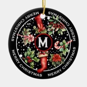 BEAUTIFUL MERRY CHRISTMAS, STOCKING, POINSETTIA, CERAMIC TREE DECORATION