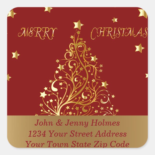 Beautiful metallic gold Christmas tree on dark red Square Sticker (Front)