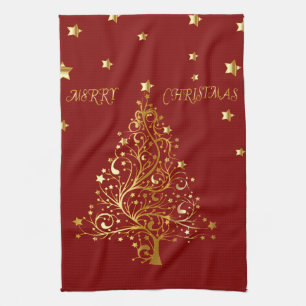 Beautiful metallic gold Christmas tree on dark red Tea Towel