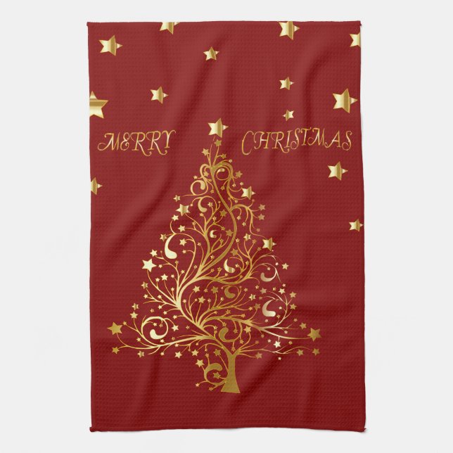 Beautiful metallic gold Christmas tree on dark red Tea Towel (Vertical)