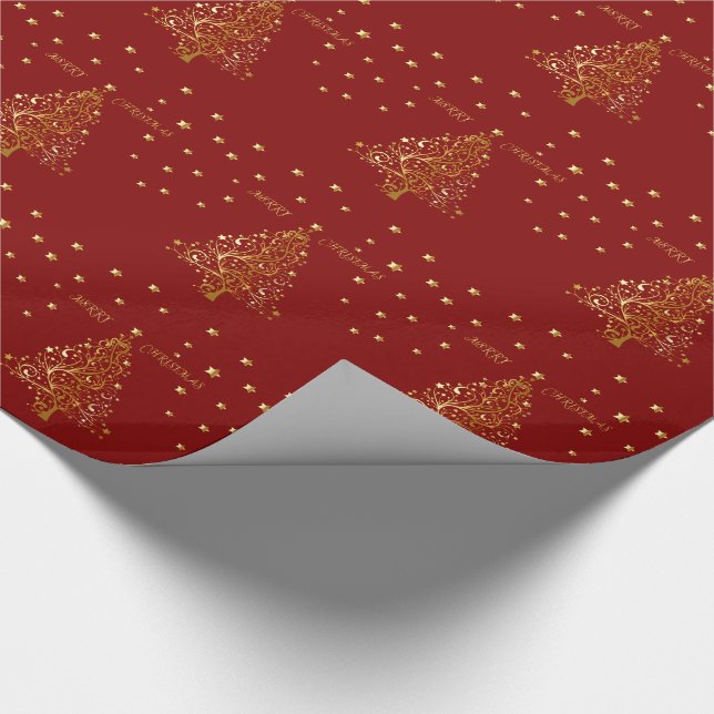 Beautiful metallic gold Christmas tree on dark red Wrapping Paper (Corner)