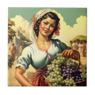Beautiful Mexican Calendar Girl in Grape Harvest Tile