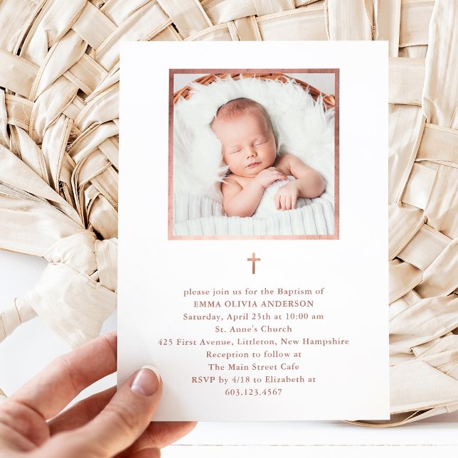 Beautiful Minimalism Faux Rose Gold Photo Baptism Invitation (Creator Uploaded)