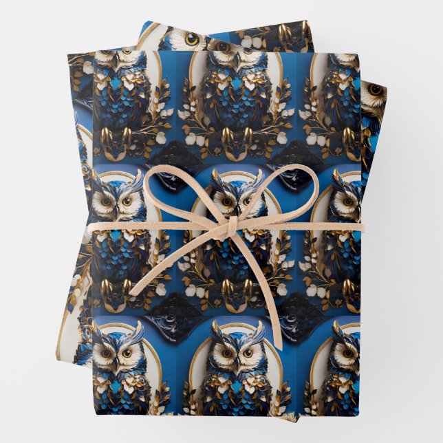Beautiful minimalistic Blue Owl Wrapping Paper Sheet (In situ)