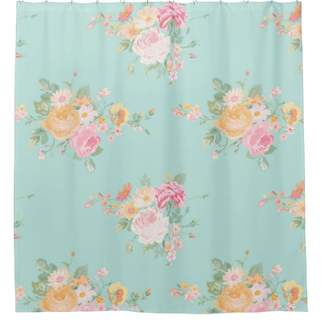 beautiful, mint,shabby chic, country chic, floral, shower curtain (Front)