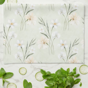Beautiful Mint White Tropical Flowers Tea Towel