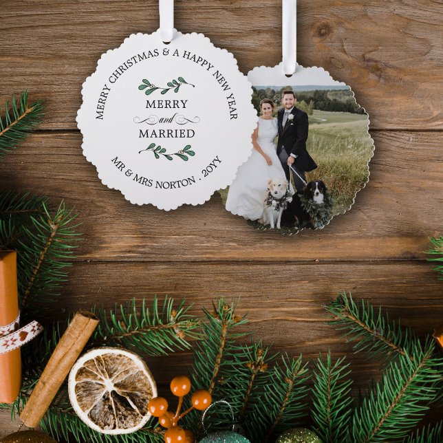 Beautiful Mistletoe Merry Married Christmas Photo Tree Decoration Card (Creator Uploaded)
