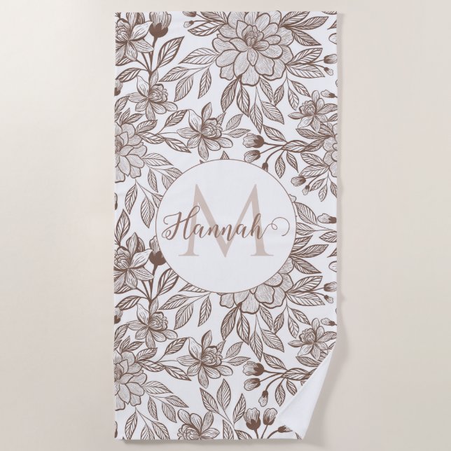 Beautiful Mocha Mousse Vintage Floral Beach Towel (Front)