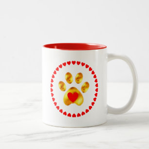 Beautiful Modern Golden Paw & Red Hearts Two-Tone Coffee Mug