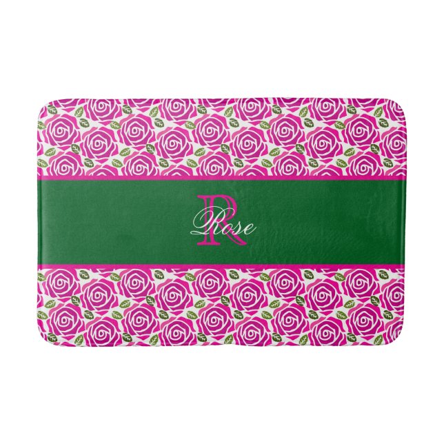 Beautiful Modern Hot Pink Magenta Roses Monogram  Bath Mat (Front)