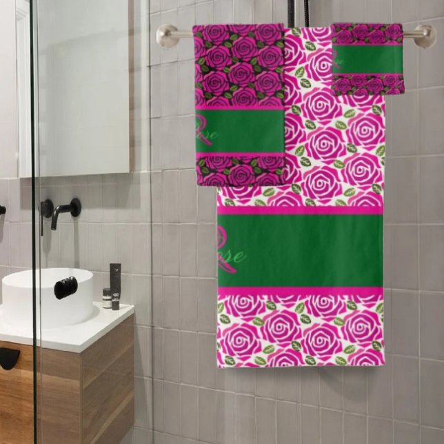 Beautiful Modern Hot Pink Magenta Roses Monogram  Bath Towel Set (Creator Uploaded)