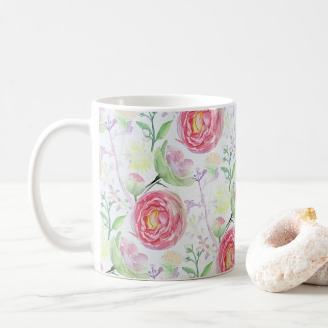 Beautiful Modern Watercolor Floral Pattern Coffee Mug (With Donut)
