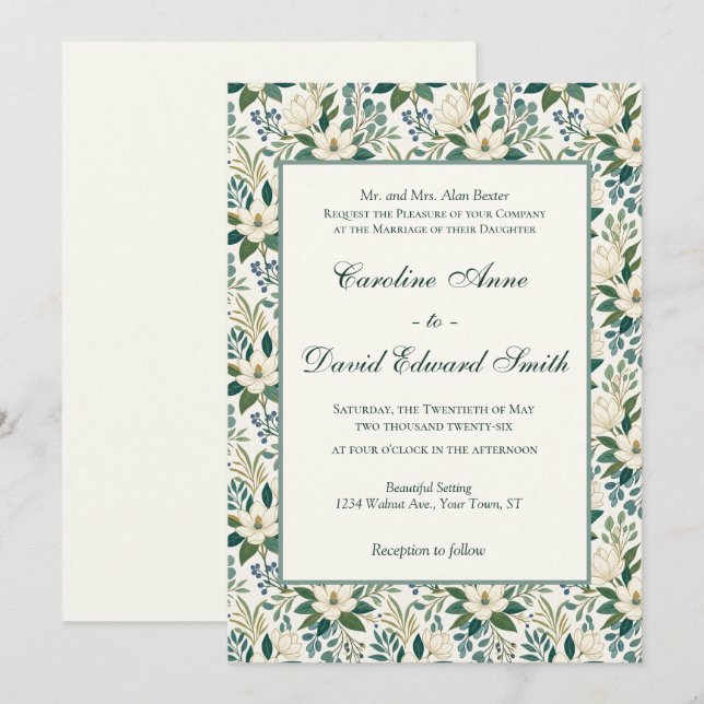Beautiful Modern White Flowers and Berries Invitation (Front/Back)