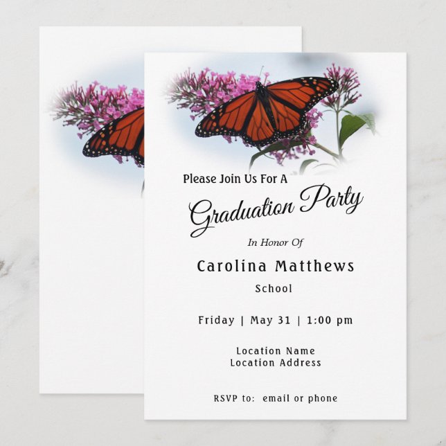 Beautiful Monarch Butterfly Photo Graduation Invitation (Front/Back)