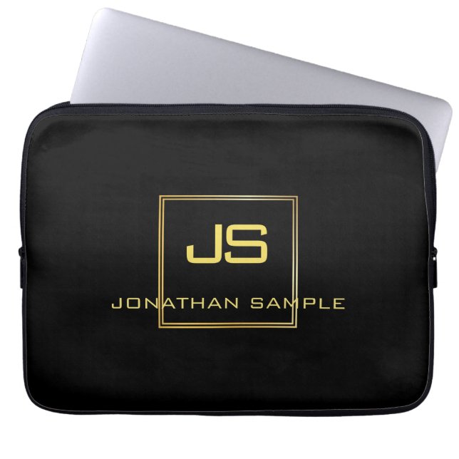 Beautiful Monogram Black Gold Modern Template Laptop Sleeve (Front)