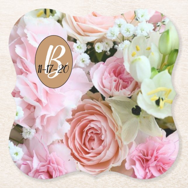 Beautiful Monogram Floral Wedding Design Paper Coaster (Front)