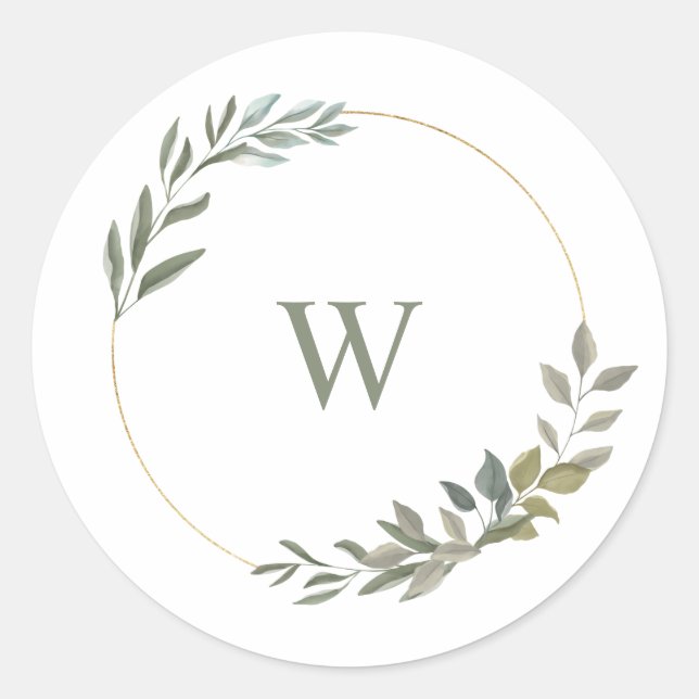 Beautiful Monogram Greenery Watercolor wreath Classic Round Sticker (Front)