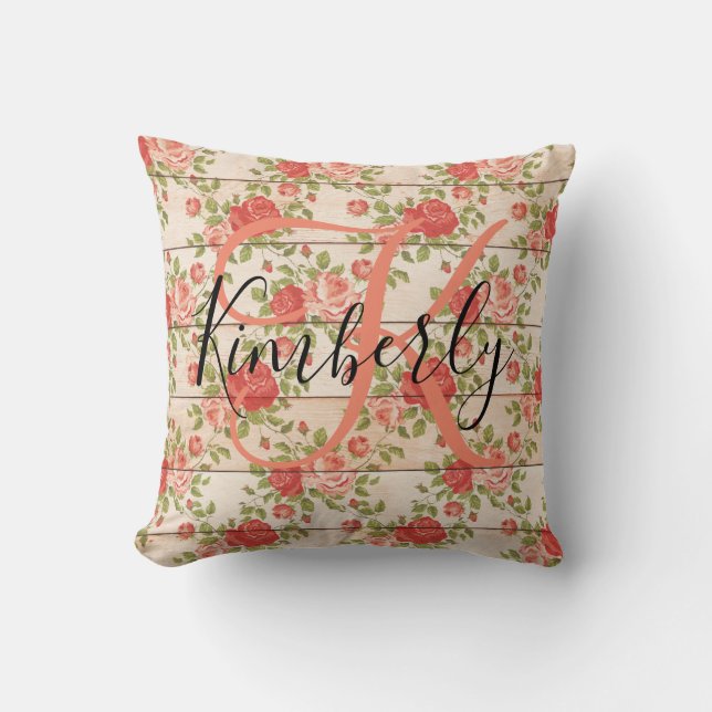 Beautiful Monogram Rustic Roses Cushion (Front)