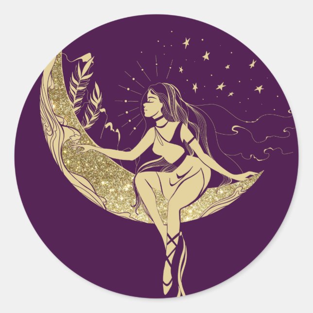 Beautiful moon stars woman art deco illustration classic round sticker (Front)