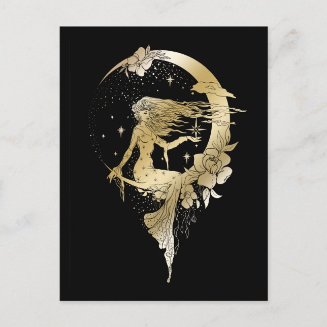 Beautiful moon stars woman art deco illustration postcard (Front)