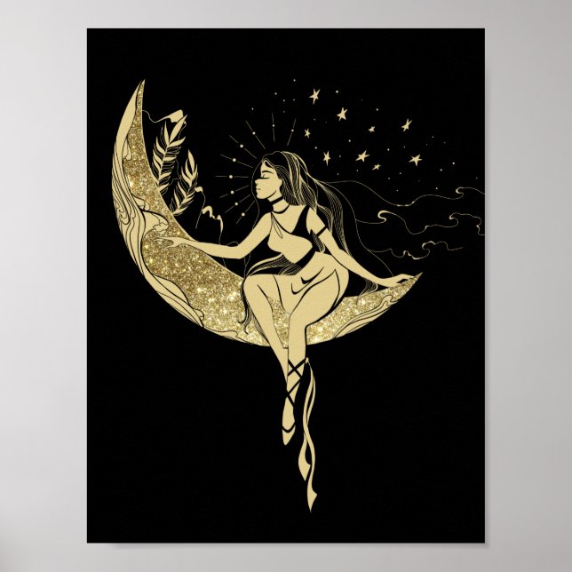 Beautiful moon stars woman art deco illustration poster (Front)
