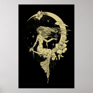 Beautiful moon stars woman art deco illustration poster