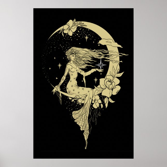 Beautiful moon stars woman art deco illustration poster (Front)