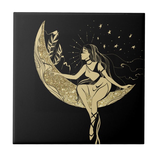 Beautiful moon stars woman art deco illustration tile (Front)