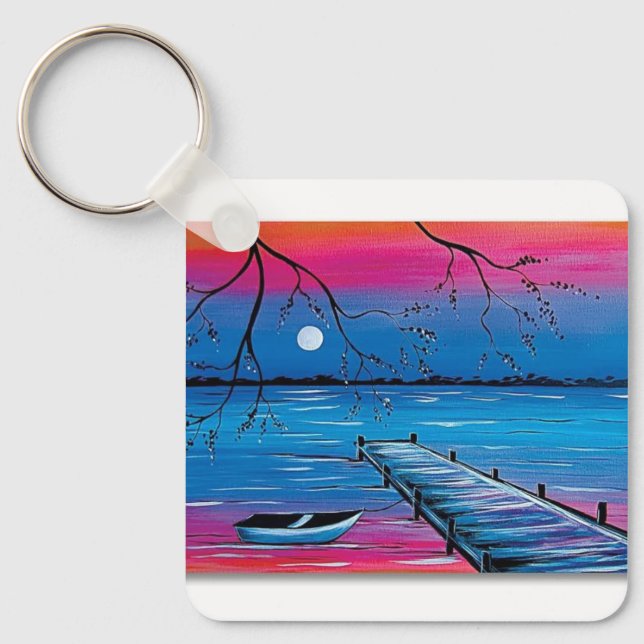 Beautiful Moonlit Lake Keychain – Calm Night View (Front)
