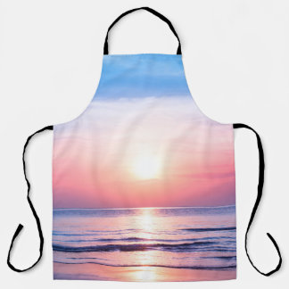 Beautiful morning sunrise, blue sea, pink sky, whi apron
