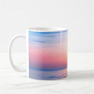 Beautiful morning sunrise, blue sea, pink sky, whi coffee mug