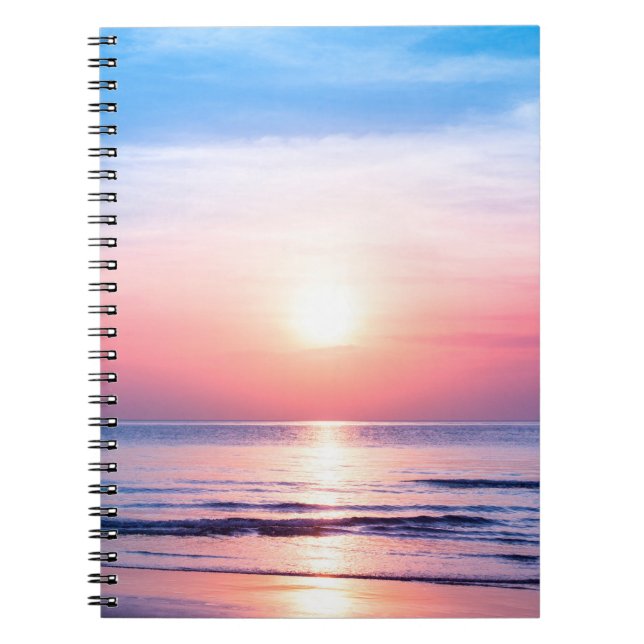 Beautiful morning sunrise, blue sea, pink sky, whi notebook (Front)